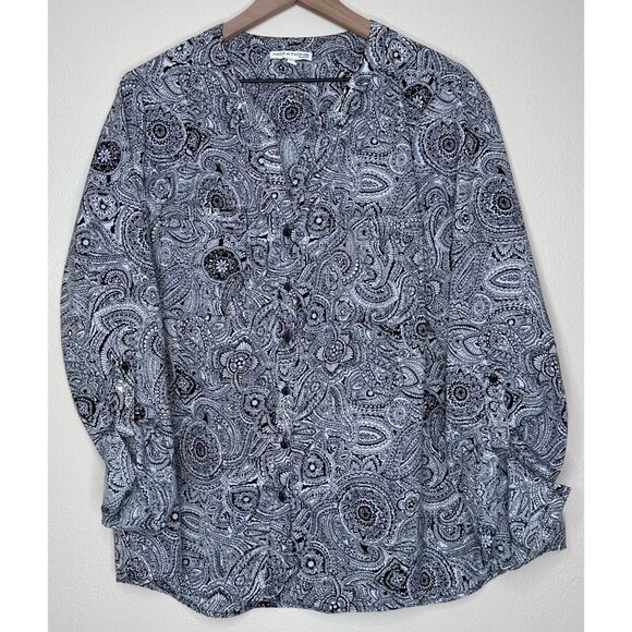 Notations Tops - Notations Black White Paisley Long Tab Sleeve Blouse Women Size 2X